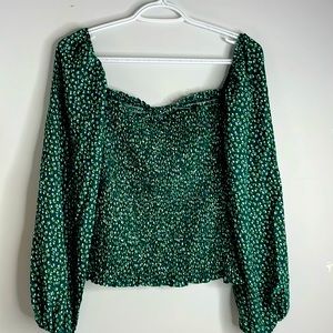 Green Floral Top Smocked Blouse